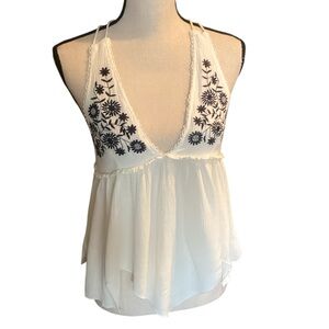 Zinga Embroidered Babydoll Camisole Top Navy Pearl Handkerchief Hem Small